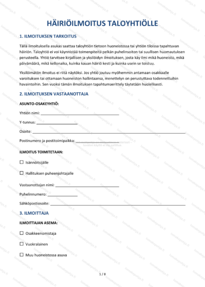 Häiriöilmoitus taloyhtiölle – Taloyhtiön lomakepohja Word & PDF — sopimuspohja DOCX-muodossa