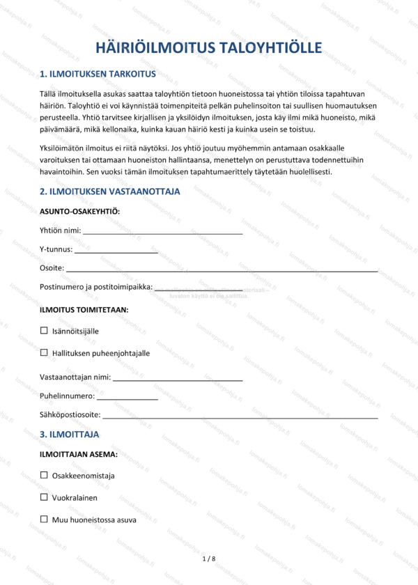 Häiriöilmoitus taloyhtiölle – Taloyhtiön lomakepohja Word & PDF