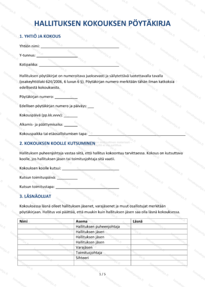 Hallituksen kokouksen pöytäkirja | Pöytäkirjapohja Word & PDF — sopimuspohja DOCX-muodossa