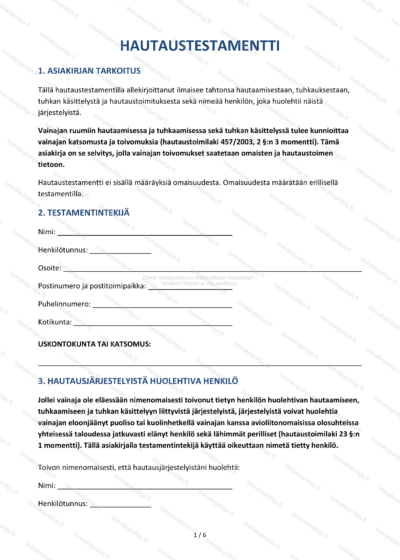 Hautaustestamentti – Ladattava toivomuspohja Word & PDF — sopimuspohja DOCX-muodossa