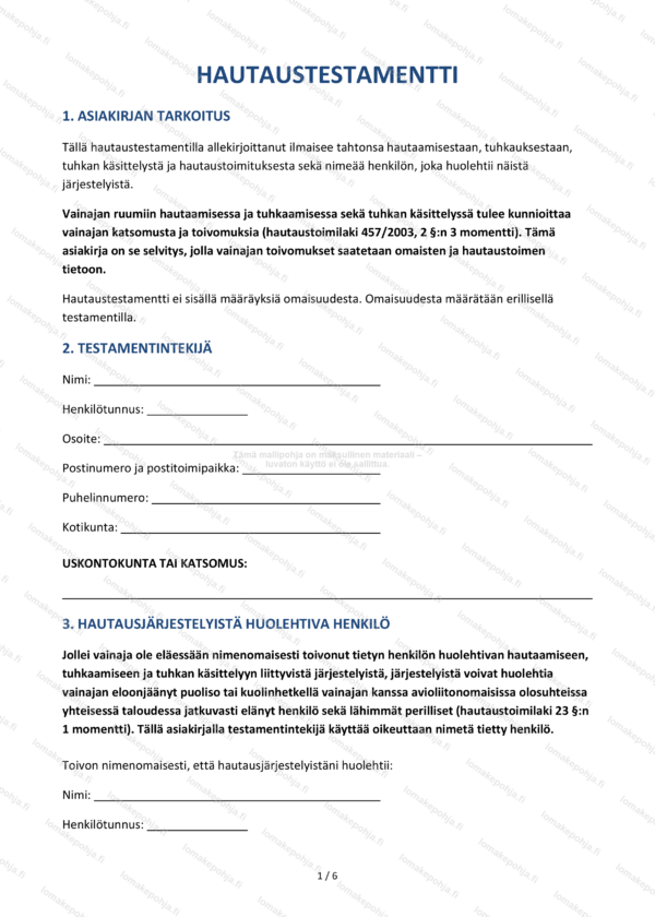 Hautaustestamentti – Ladattava toivomuspohja Word & PDF