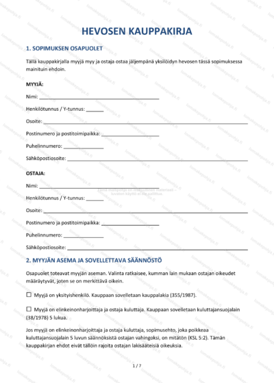 Hevosen kauppakirja — Ratsu- ja ravihevosen mallipohja — sopimuspohja DOCX-muodossa