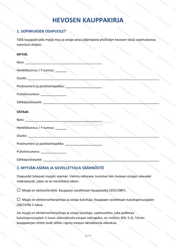 Hevosen kauppakirja — Ratsu- ja ravihevosen mallipohja