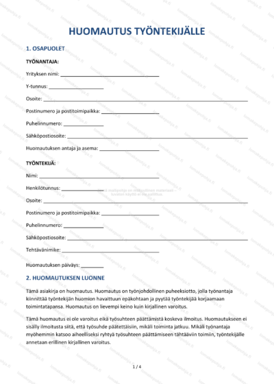 Huomautus työntekijälle – Ladattava lomakepohja | Word & PDF — sopimuspohja DOCX-muodossa