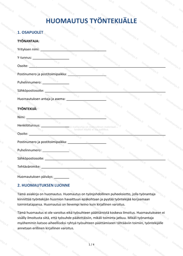 Huomautus työntekijälle – Ladattava lomakepohja | Word & PDF