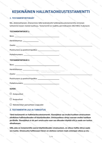 Keskinäinen hallintaoikeustestamentti | Puolisoiden pohja Word & PDF — sopimuspohja DOCX-muodossa