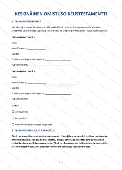 Keskinäinen omistusoikeustestamentti — Tulostettava pohja Word & PDF — sopimuspohja DOCX-muodossa