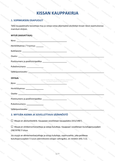 Kissan kauppakirja – Kissanpennun mallipohja | Word & PDF — sopimuspohja DOCX-muodossa