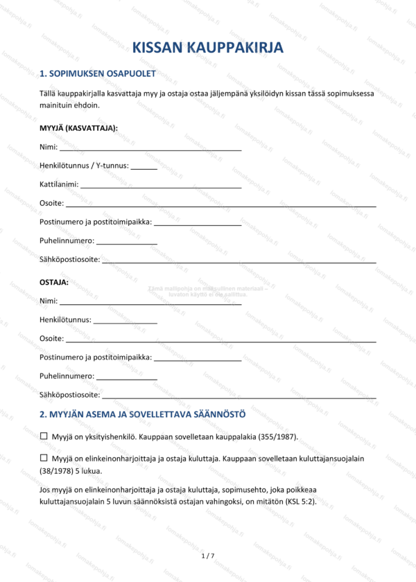 Kissan kauppakirja – Kissanpennun mallipohja | Word & PDF