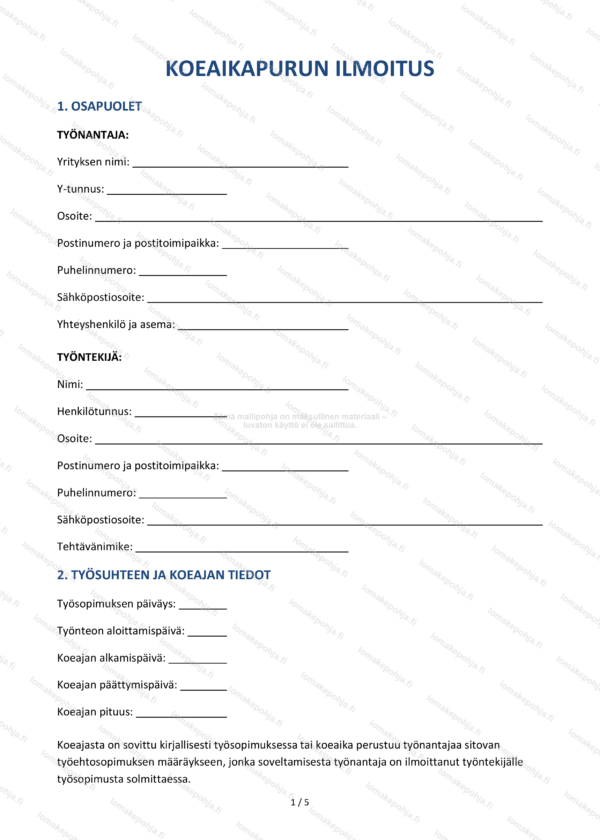 Koeaikapurun ilmoitus | Työsuhteen lomakepohja Word & PDF
