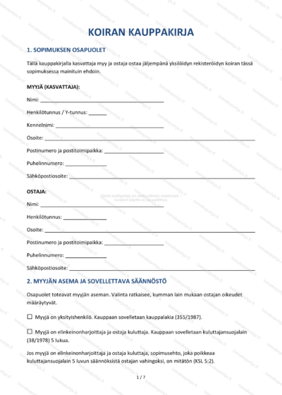 Koiran kauppakirja | Kasvattajan lomakepohja Word & PDF — sopimuspohja DOCX-muodossa