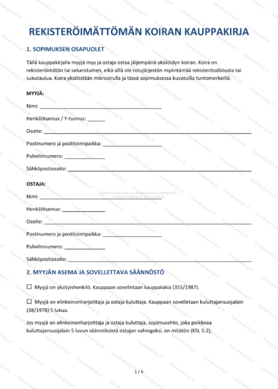Rekisteröimättömän koiran kauppakirja – Muokattava pohja — sopimuspohja DOCX-muodossa