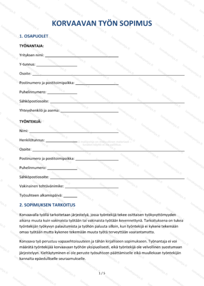 Korvaavan työn sopimus — Työpaikan sopimusmalli Word & PDF — sopimuspohja DOCX-muodossa