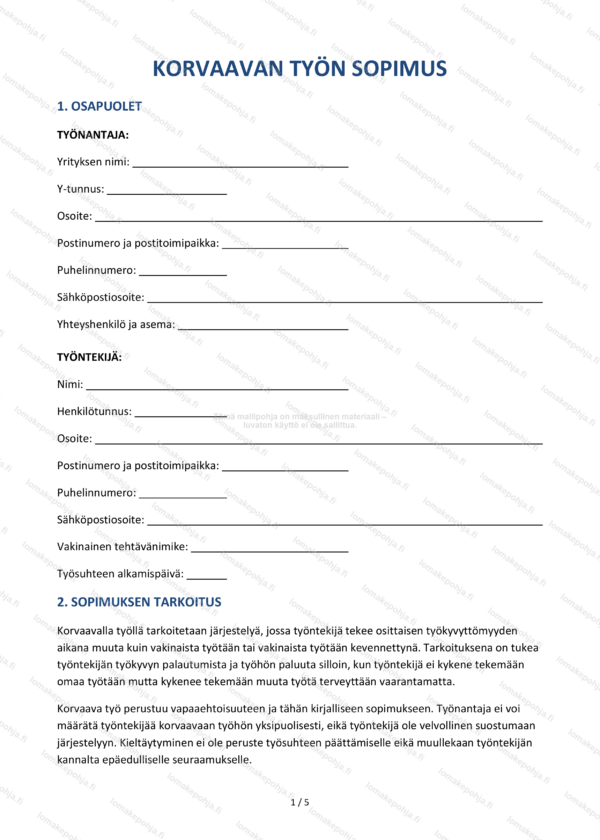 Korvaavan työn sopimus — Työpaikan sopimusmalli Word & PDF