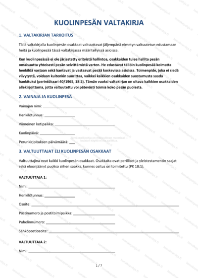 Kuolinpesän valtakirja | Ladattava valtakirjapohja Word & PDF — sopimuspohja DOCX-muodossa