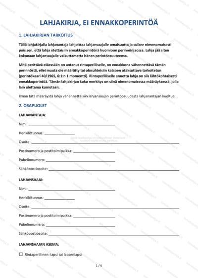 Lahjakirja ilman ennakkoperintöä | Tulostettava lahjakirjapohja — sopimuspohja DOCX-muodossa