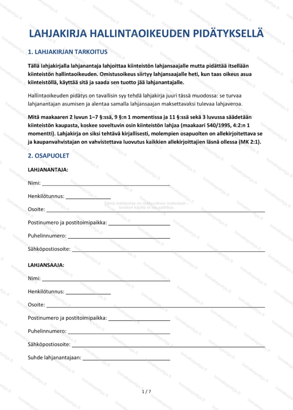 Lahjakirja hallintaoikeuden pidätyksellä | Kiinteistön pohja