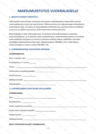 Maksumuistutus vuokralaiselle – Vuokranantajan lomakepohja Word & PDF — sopimuspohja DOCX-muodossa