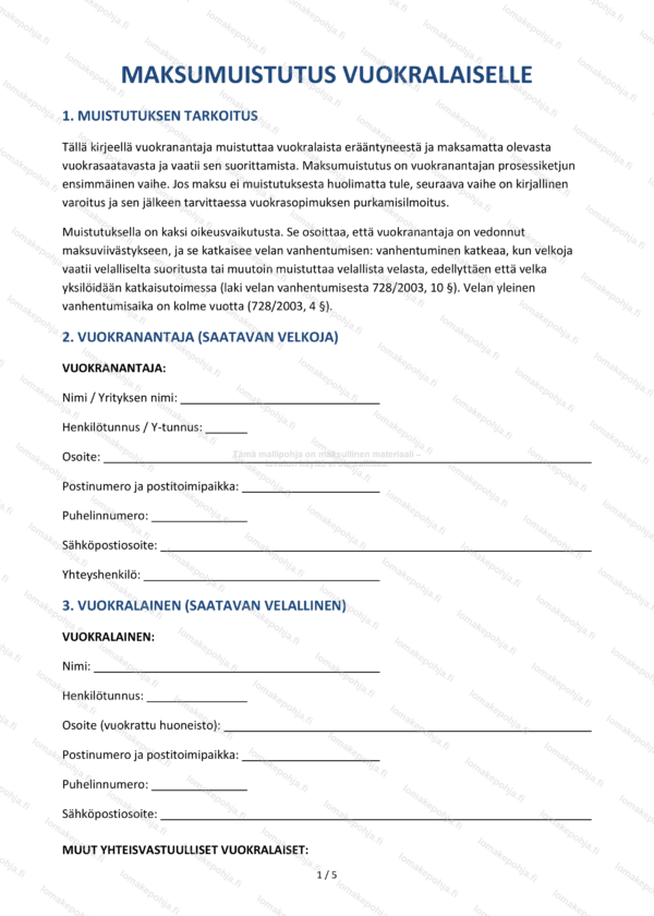 Maksumuistutus vuokralaiselle – Vuokranantajan lomakepohja Word & PDF