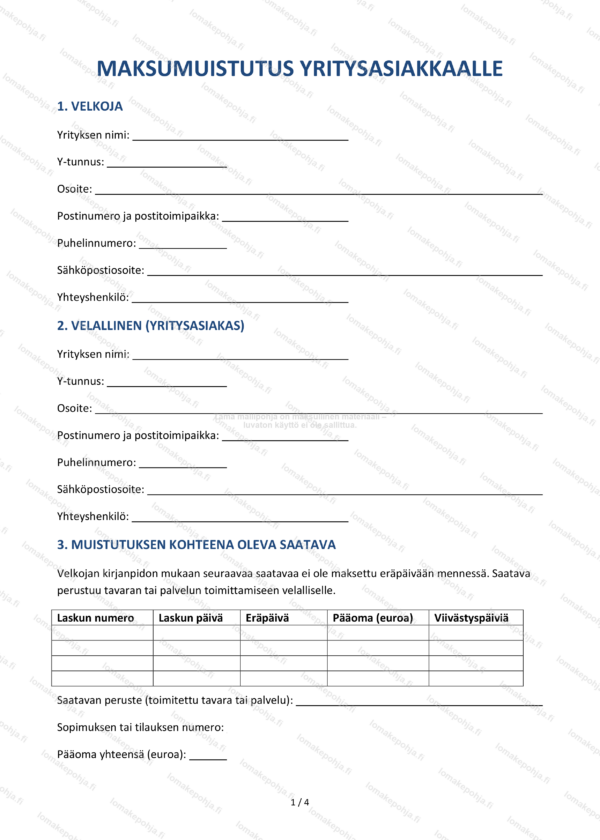 Maksumuistutus yritysasiakkaalle | Perintäkirjeen pohja Word & PDF
