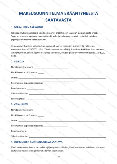 Maksusuunnitelma — Maksuerien sopimusmalli Word & PDF — sopimuspohja DOCX-muodossa
