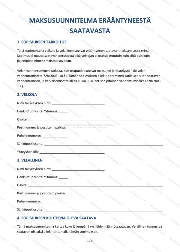 Maksusuunnitelma — Maksuerien sopimusmalli Word & PDF