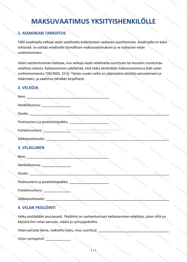 Maksuvaatimus yksityishenkilölle | Perinnän lomakepohja Word & PDF