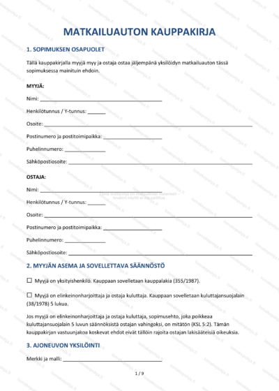 Matkailuauton kauppakirja – Tulostettava lomakepohja Word & PDF — sopimuspohja DOCX-muodossa