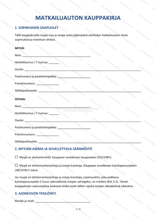 Matkailuauton kauppakirja – Tulostettava lomakepohja Word & PDF