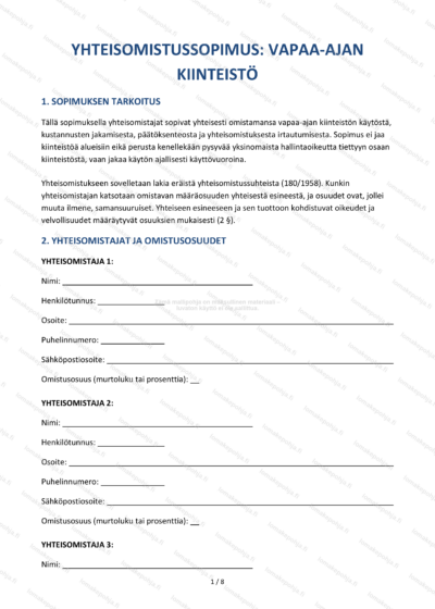 Mökin yhteisomistussopimus — Kesämökin sopimusmalli Word & PDF — sopimuspohja DOCX-muodossa