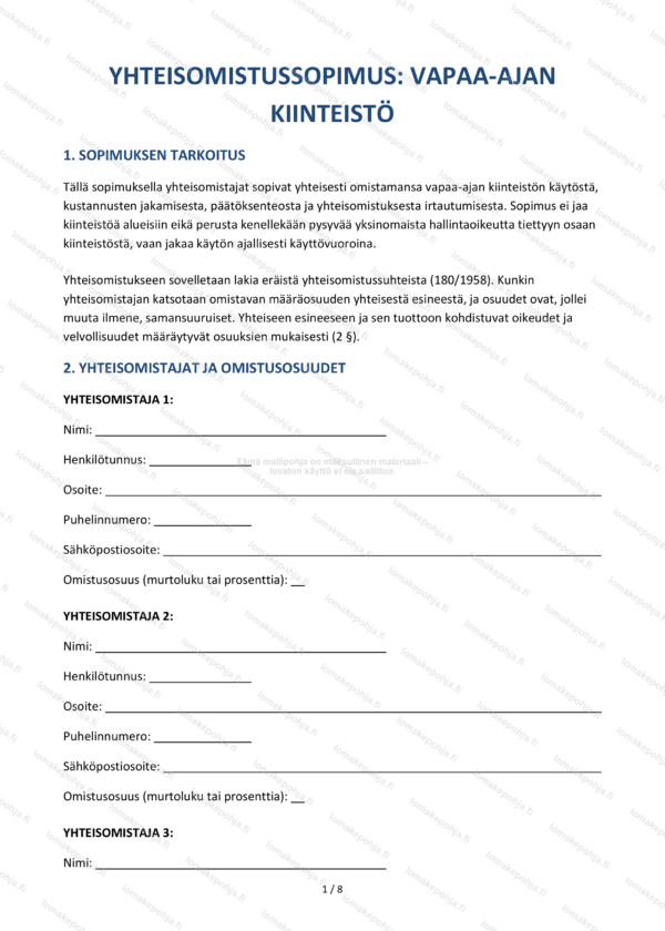 Mökin yhteisomistussopimus — Kesämökin sopimusmalli Word & PDF