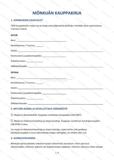 Mönkijän kauppakirja – Ajoneuvoluokan mallipohja | Word & PDF — sopimuspohja DOCX-muodossa