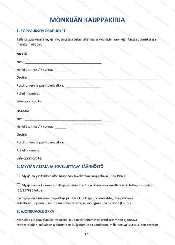 Mönkijän kauppakirja – Ajoneuvoluokan mallipohja | Word & PDF