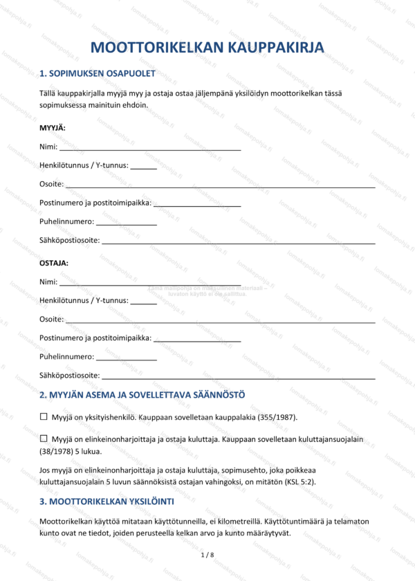 Moottorikelkan kauppakirja — Kelkkakaupan lomakepohja Word & PDF
