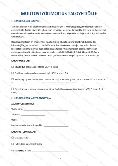 Muutostyöilmoitus taloyhtiölle | Taloyhtiön ilmoituspohja Word & PDF — sopimuspohja DOCX-muodossa