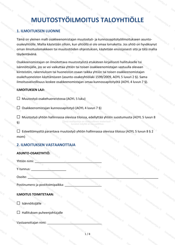 Muutostyöilmoitus taloyhtiölle | Taloyhtiön ilmoituspohja Word & PDF