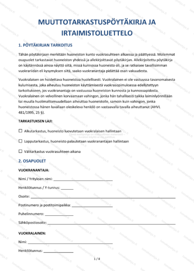 Muuttotarkastuspöytäkirja | Vuokrauksen tarkastuspohja Word & PDF — sopimuspohja DOCX-muodossa