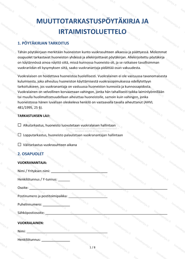 Muuttotarkastuspöytäkirja | Vuokrauksen tarkastuspohja Word & PDF