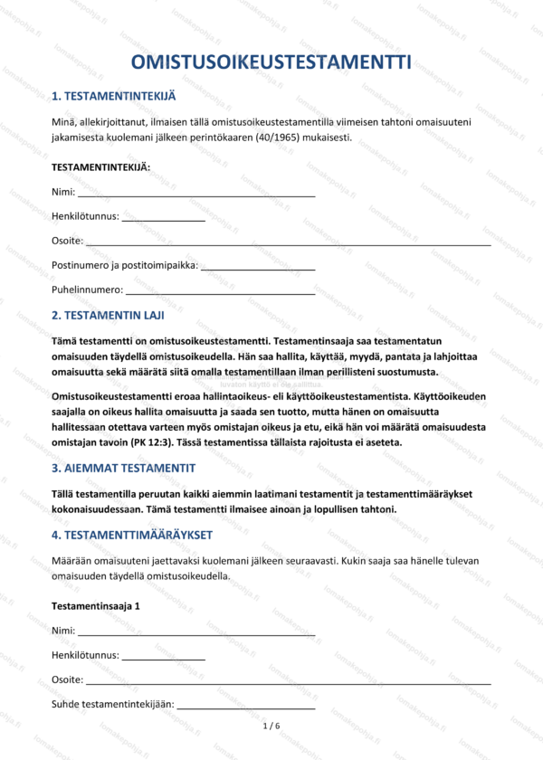 Omistusoikeustestamentti | Testamentin mallipohja Word & PDF