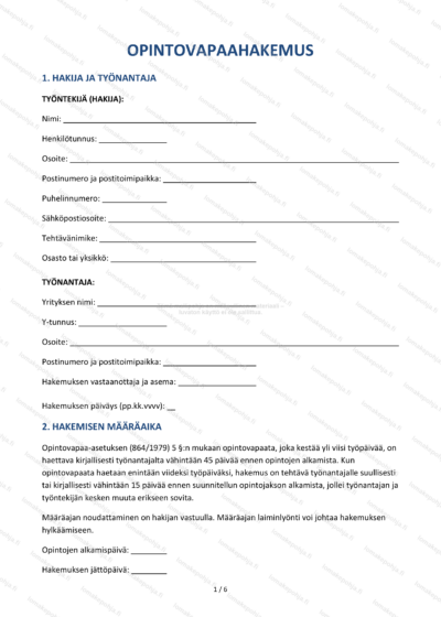 Opintovapaahakemus | Työntekijän hakemuspohja Word & PDF — sopimuspohja DOCX-muodossa