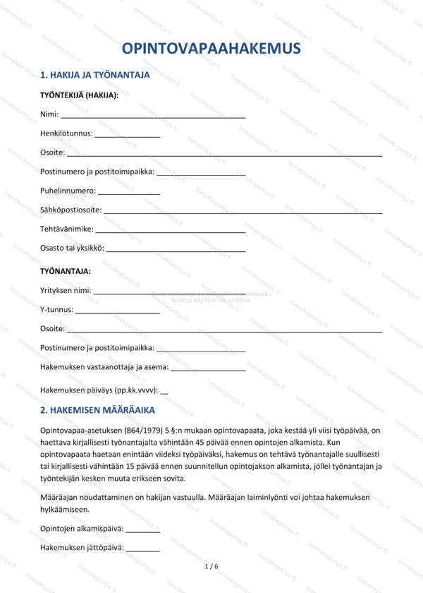 Opintovapaahakemus | Työntekijän hakemuspohja Word & PDF