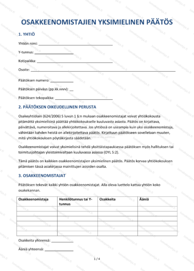 Osakkeenomistajien yksimielinen päätös – Päätöspohja Word & PDF — sopimuspohja DOCX-muodossa