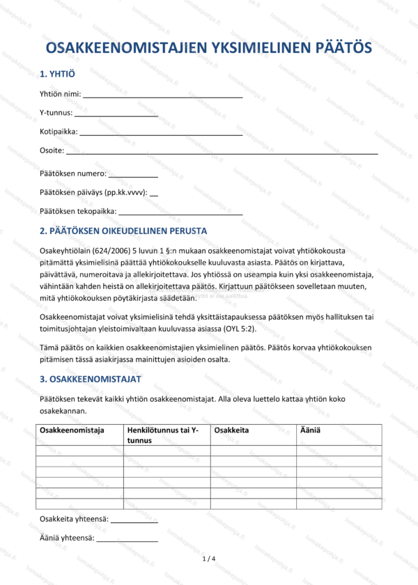 Osakkeenomistajien yksimielinen päätös – Päätöspohja Word & PDF