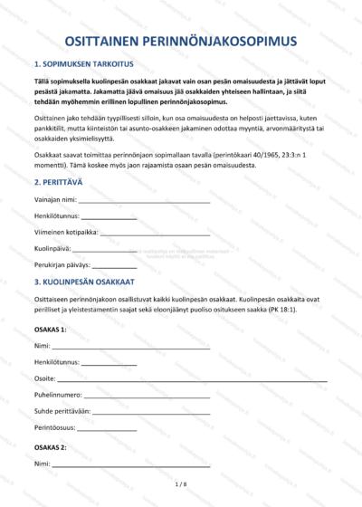 Osittainen perinnönjakosopimus – Kuolinpesän sopimusmalli Word & PDF — sopimuspohja DOCX-muodossa