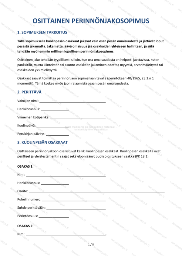 Osittainen perinnönjakosopimus – Kuolinpesän sopimusmalli Word & PDF
