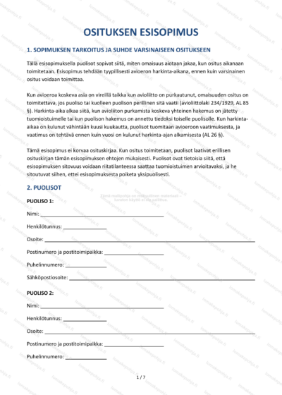 Osituksen esisopimus – Avioeron sopimusmalli Word & PDF — sopimuspohja DOCX-muodossa