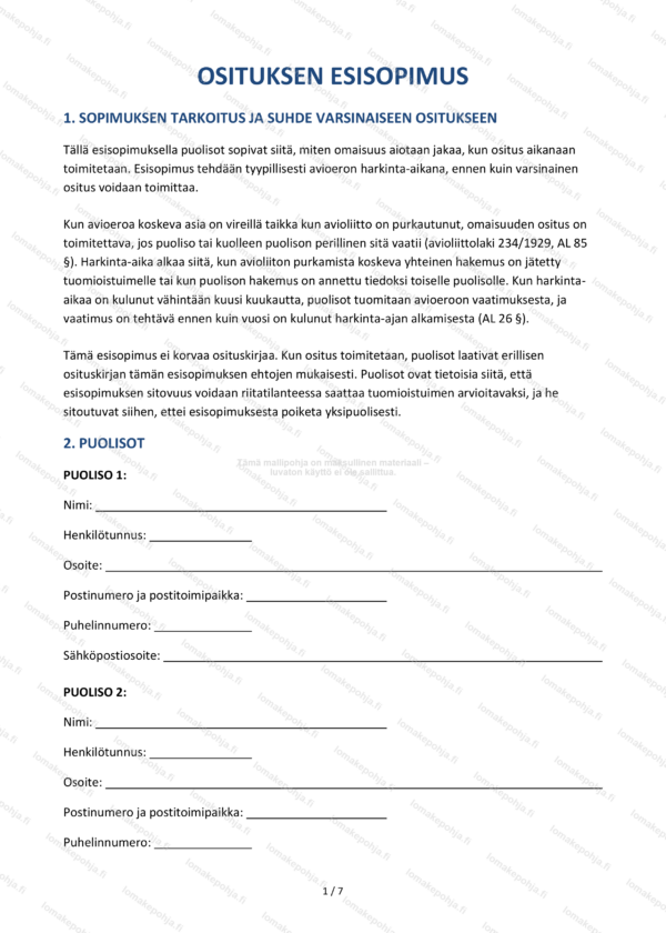 Osituksen esisopimus – Avioeron sopimusmalli Word & PDF