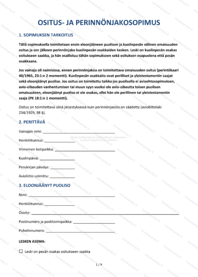 Ositus- ja perinnönjakosopimus — Jäämistön sopimusmalli Word & PDF — sopimuspohja DOCX-muodossa