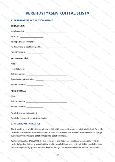 Perehdytyksen kuittauslista | Tulostettava tarkistuslista Word & PDF — sopimuspohja DOCX-muodossa
