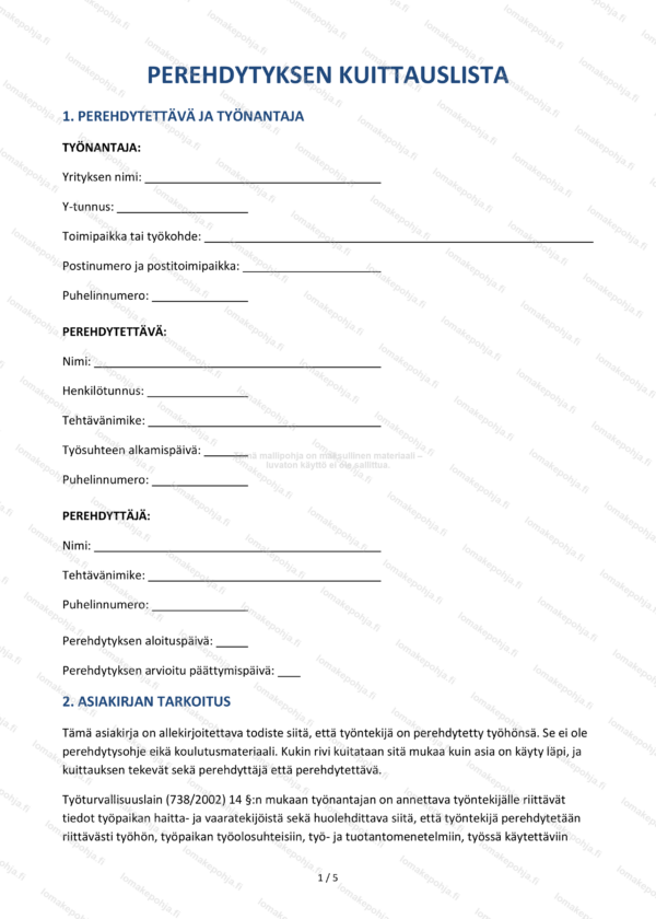 Perehdytyksen kuittauslista | Tulostettava tarkistuslista Word & PDF